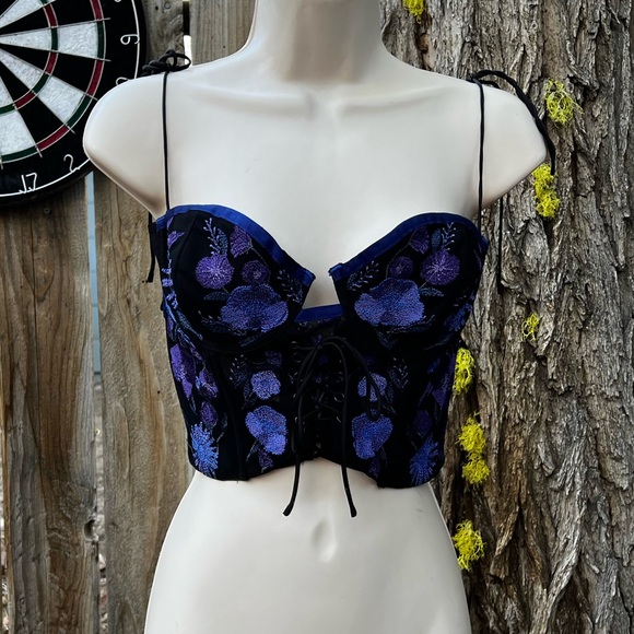 For Love And Lemons Black and Blue Lace Corset Bra Top NWT